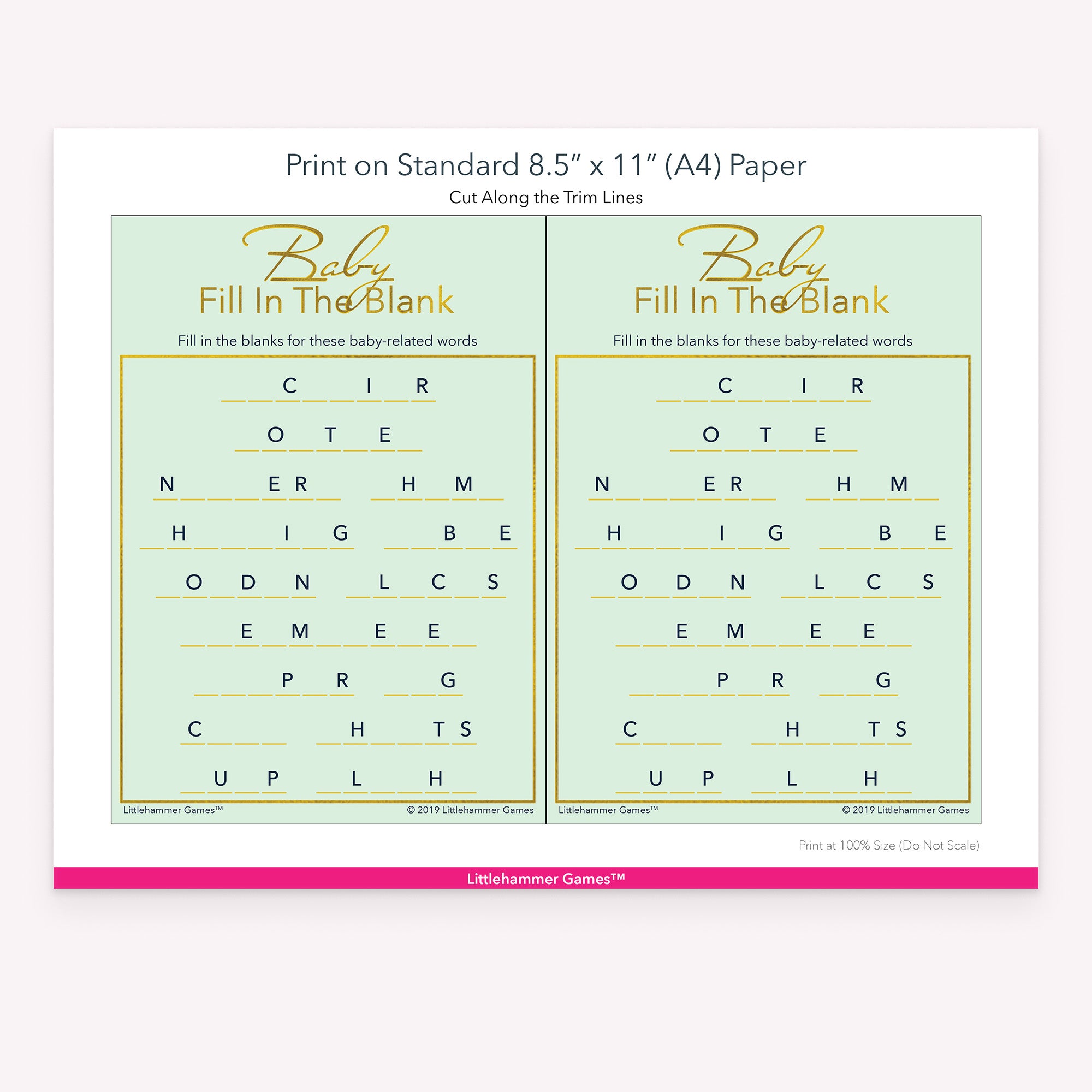 Printable mint green and gold Baby Fill in the Blank game card layout showing US Letter size dimensions and printing information