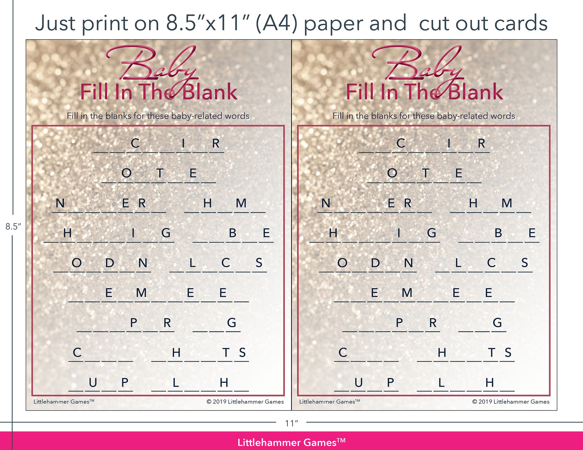 Baby Fill in the Blank glittery rose gold game cards with printing instructions