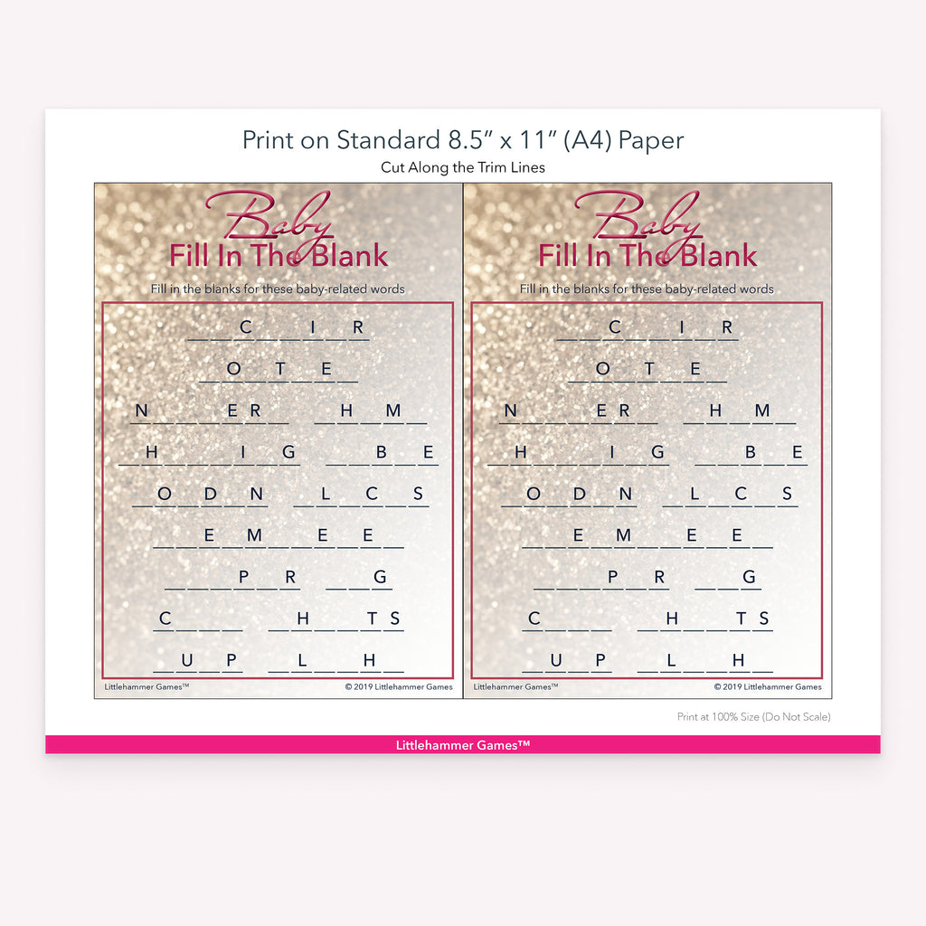Printable rose gold glitter Baby Fill in the Blank game card layout showing US Letter size dimensions and printing information