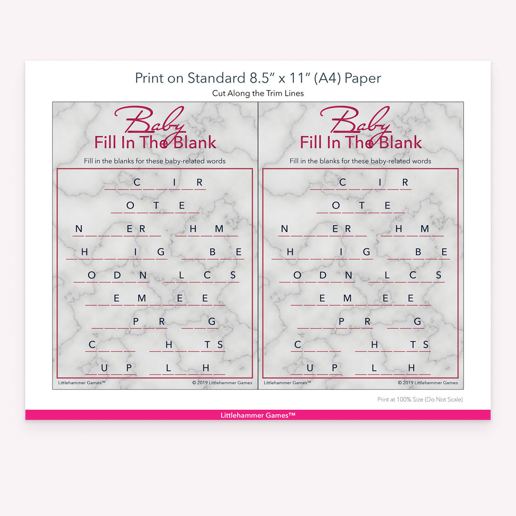 Baby Fill in the Blank rose gold marble game cards with printing instructions