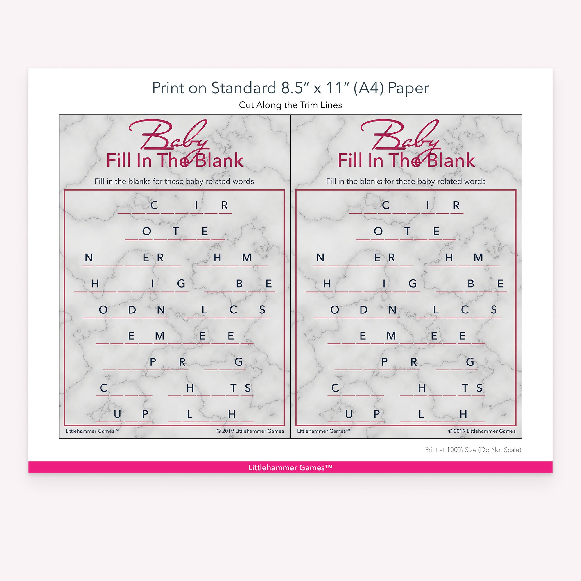 Baby Fill in the Blank rose gold marble game cards with printing instructions