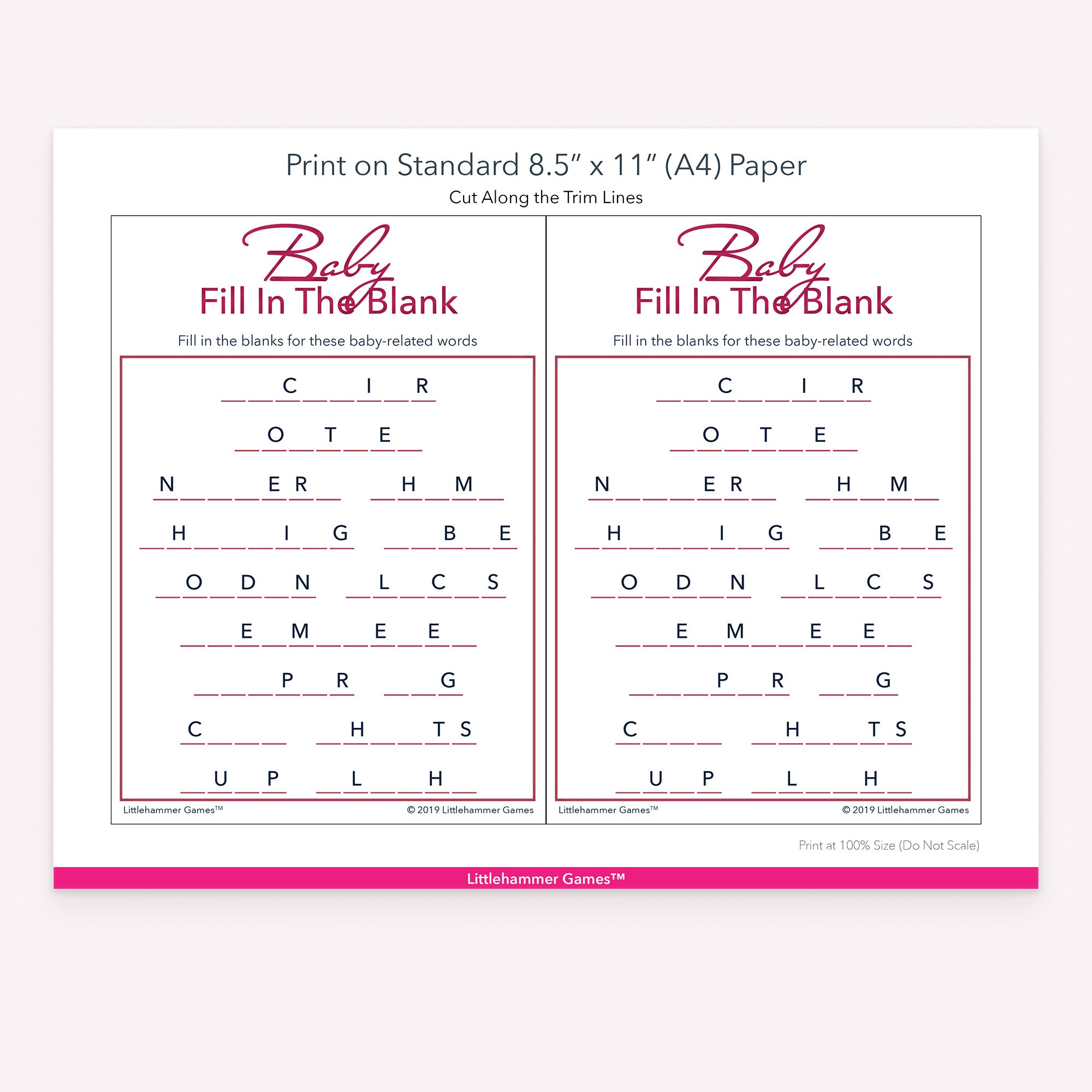 Baby Fill in the Blank rose gold game cards with printing instructions