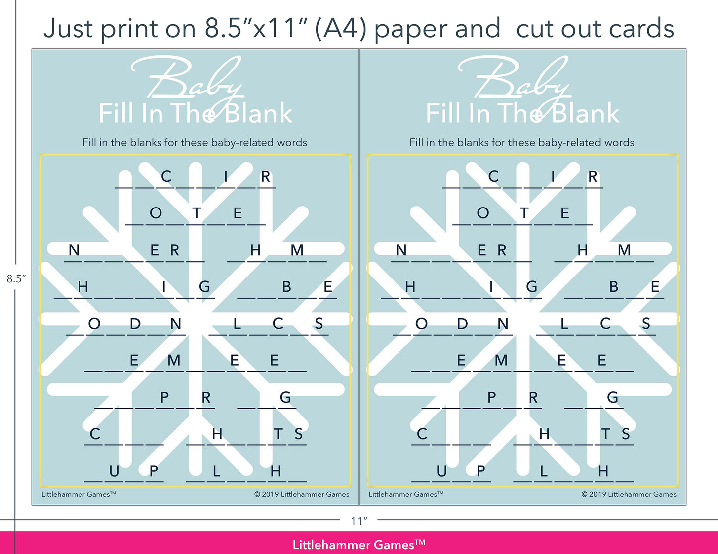 Baby Fill in the Blank snowflake game cards with printing instructions