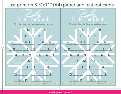 Baby Fill in the Blank snowflake game cards with printing instructions