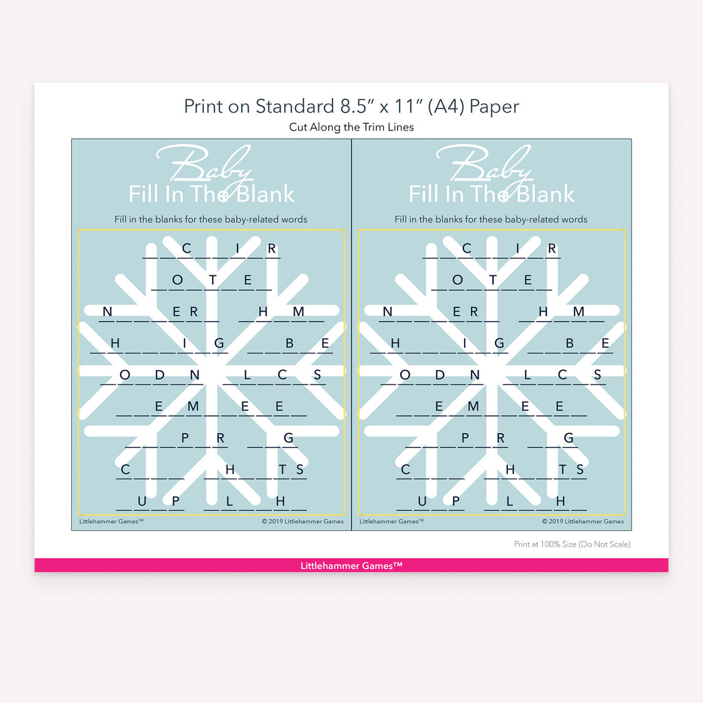 Printable snowflake-themed Baby Fill in the Blank game card layout showing US Letter size dimensions and printing information