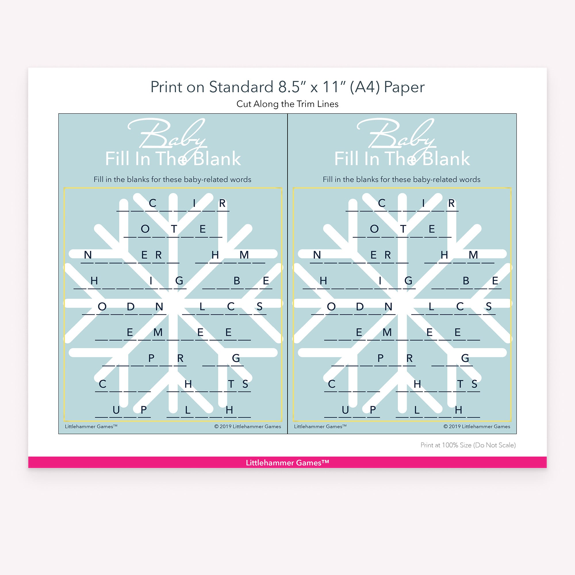 Printable snowflake-themed Baby Fill in the Blank game card layout showing US Letter size dimensions and printing information