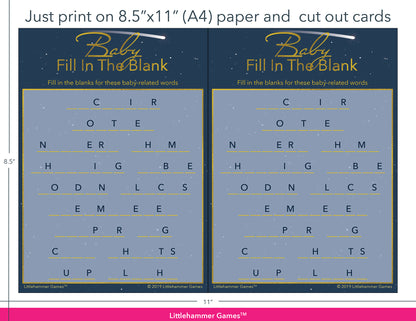 Baby Fill in the Blank celestial game cards with printing instructions