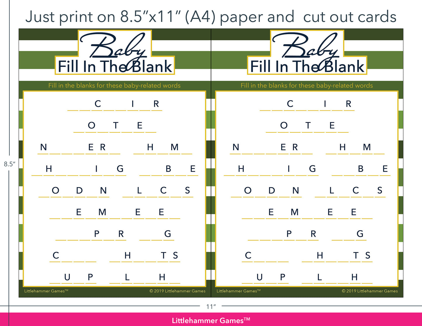 Baby Fill in the Blank green striped game cards with printing instructions