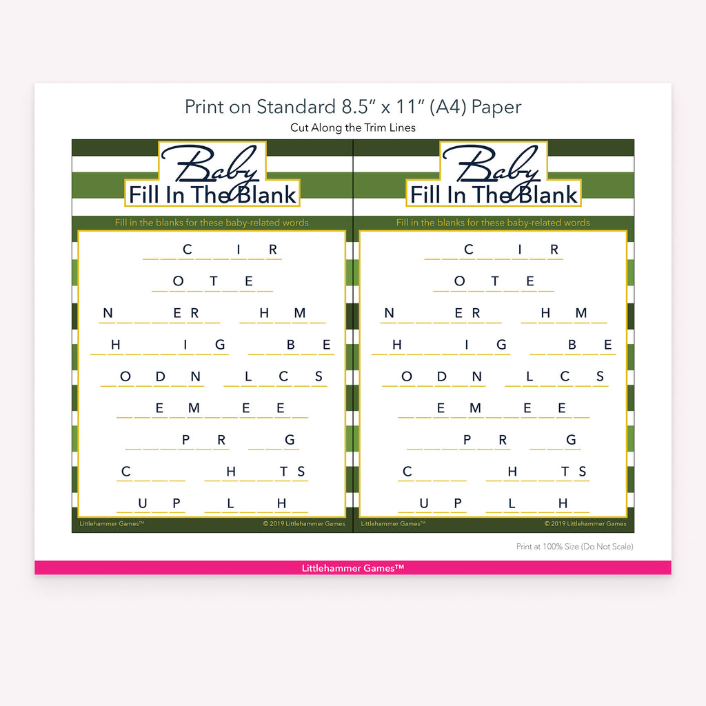 Printable green stripes Baby Fill in the Blank game card layout showing US Letter size dimensions and printing information