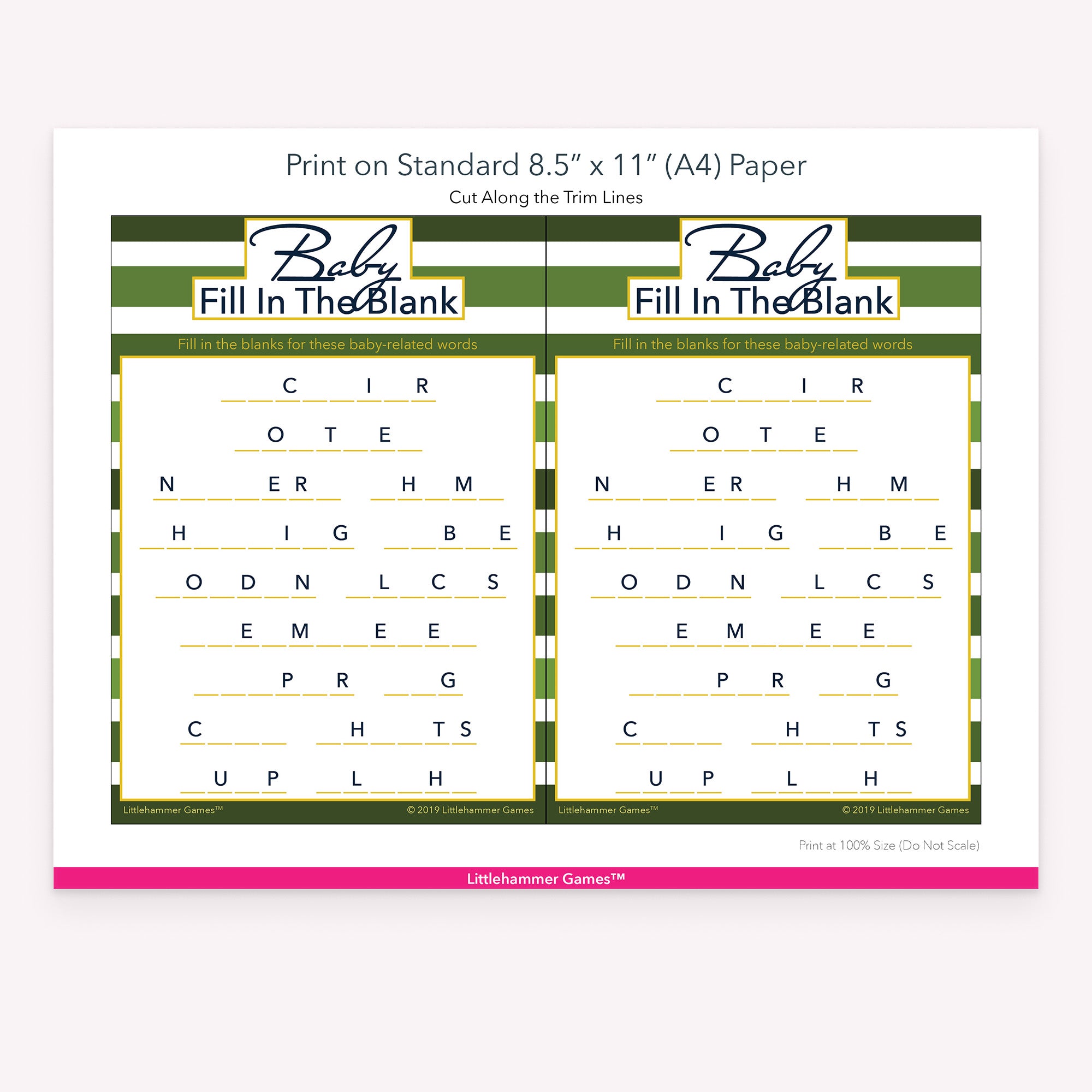 Printable green stripes Baby Fill in the Blank game card layout showing US Letter size dimensions and printing information