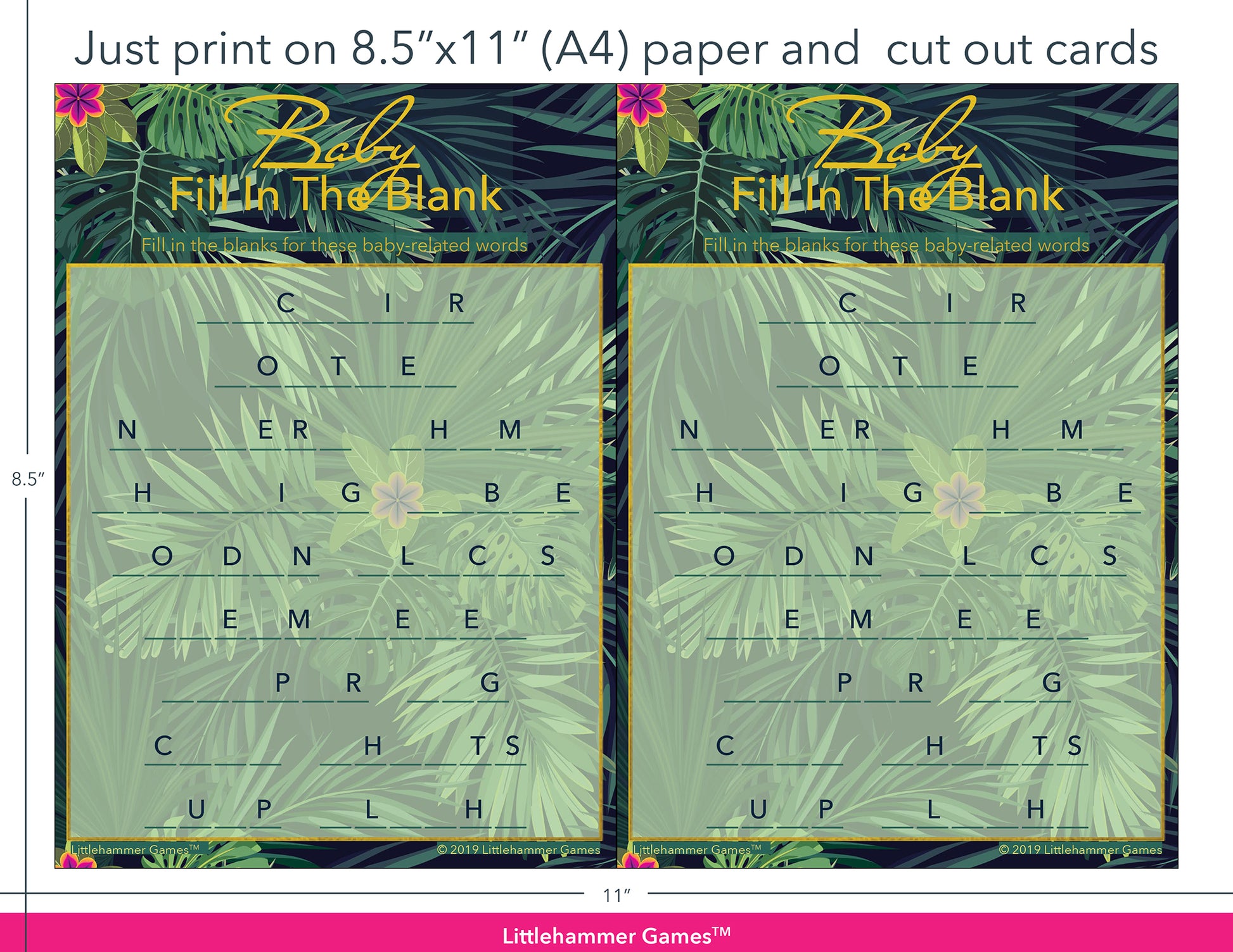 Baby Fill in the Blank tropical game cards with printing instructions