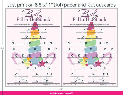 Baby Fill in the Blank unicorn game cards with printing instructions
