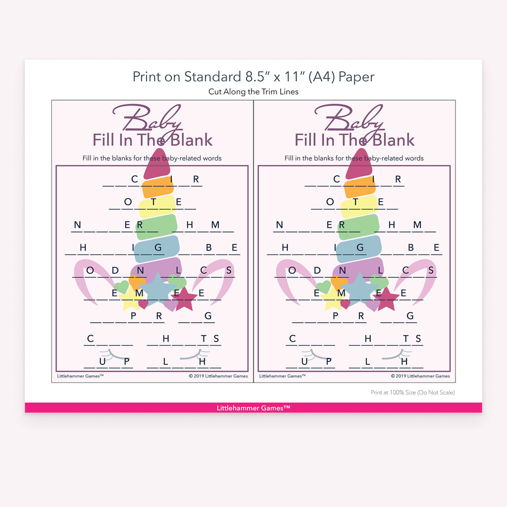 Printable rainbow unicorn-themed Baby Fill in the Blank game card layout showing US Letter size dimensions and printing information