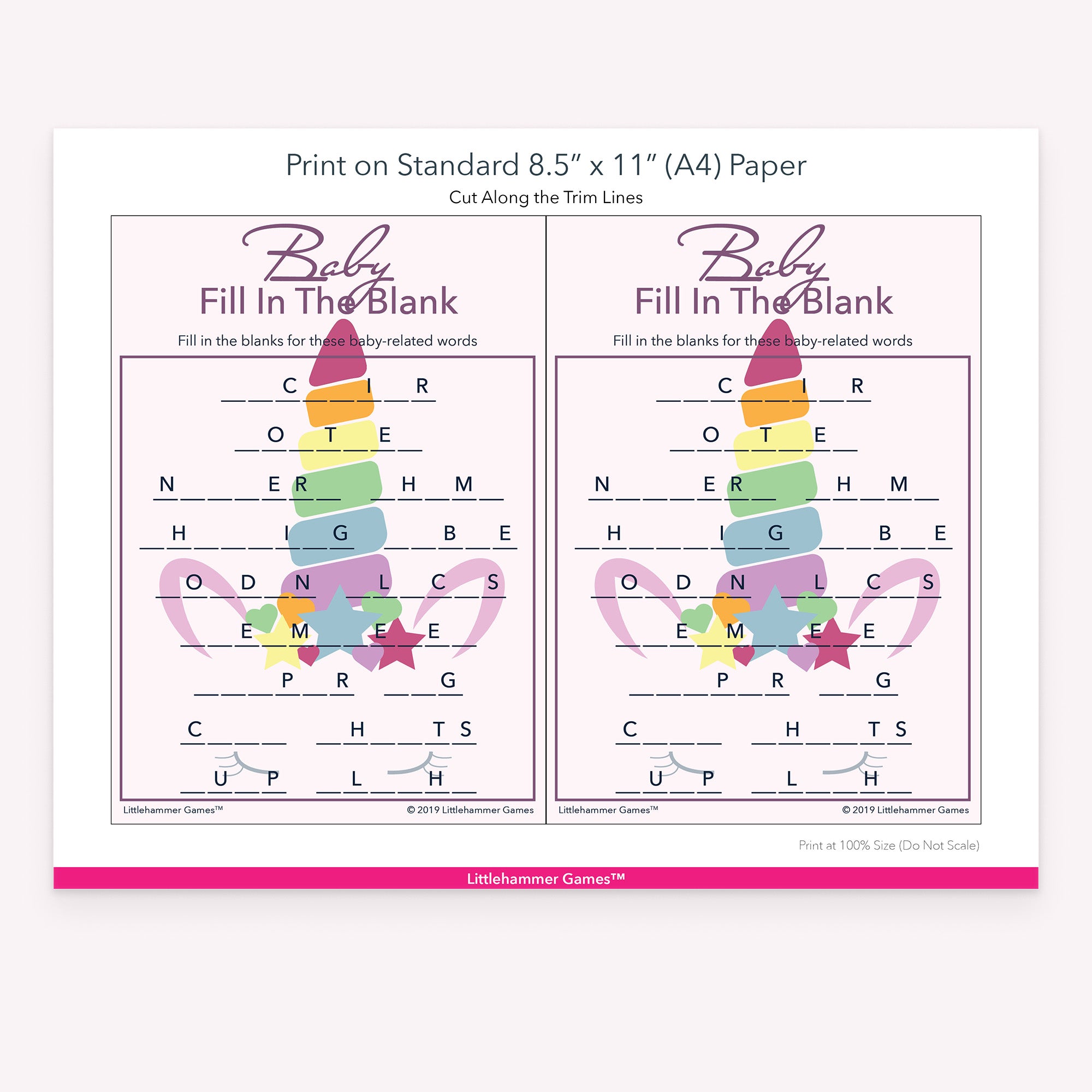 Printable rainbow unicorn-themed Baby Fill in the Blank game card layout showing US Letter size dimensions and printing information