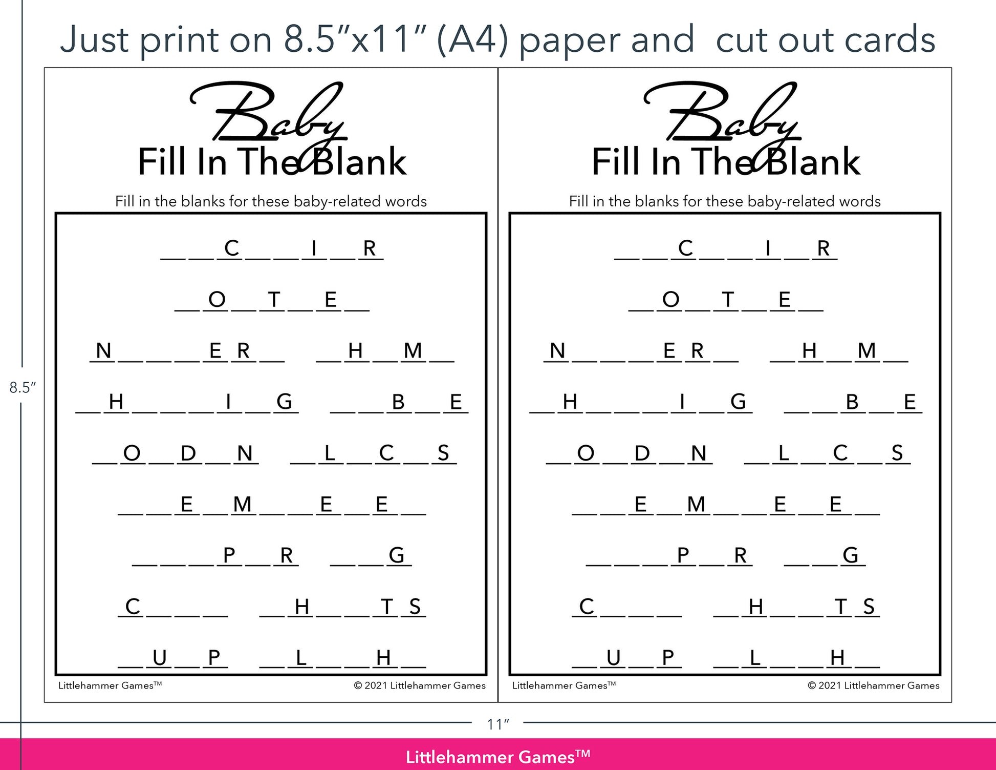 Baby Fill in the Blank minimalist black and white game cards with printing instructions
