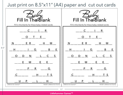 Baby Fill in the Blank minimalist black and white game cards with printing instructions