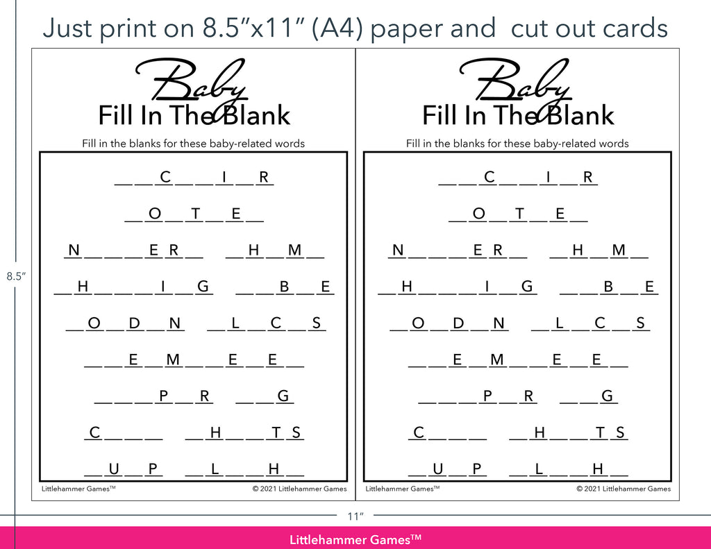 Baby Fill in the Blank minimalist black and white game cards with printing instructions