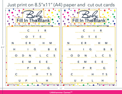 Baby Fill in the Blank rainbow polka dot game cards with printing instructions