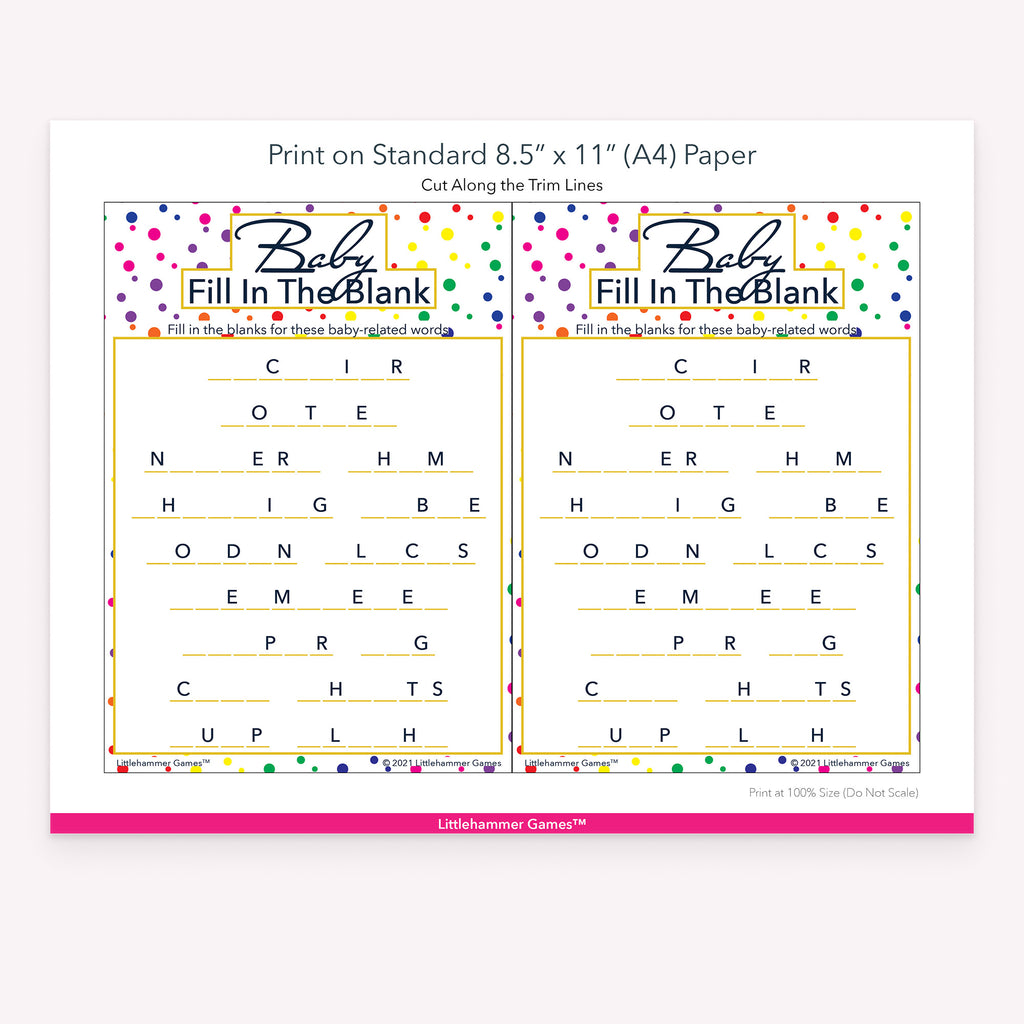 Baby Fill in the Blank rainbow polka dot game cards with printing instructions