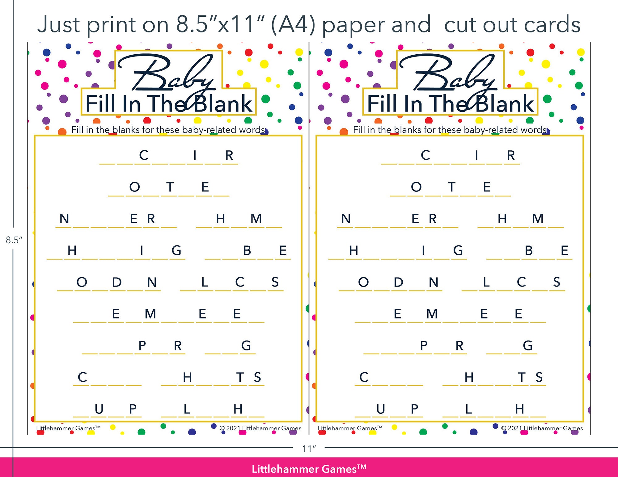 Baby Fill in the Blank rainbow polka dot game cards with printing instructions