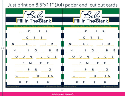 Baby Fill in the Blank green and navy-striped game cards with printing instructions
