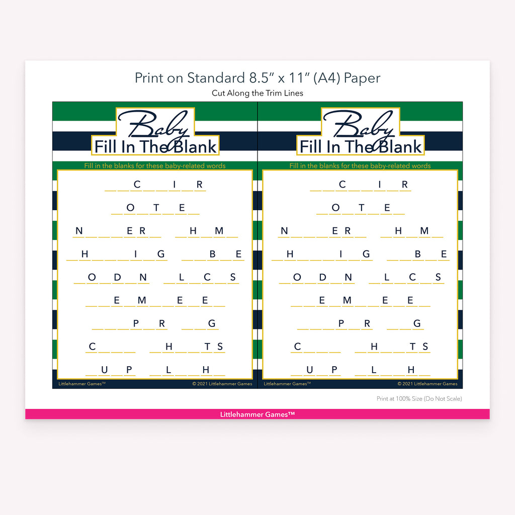Printable green and navy stripe Baby Fill in the Blank game card layout showing US Letter size dimensions and printing information