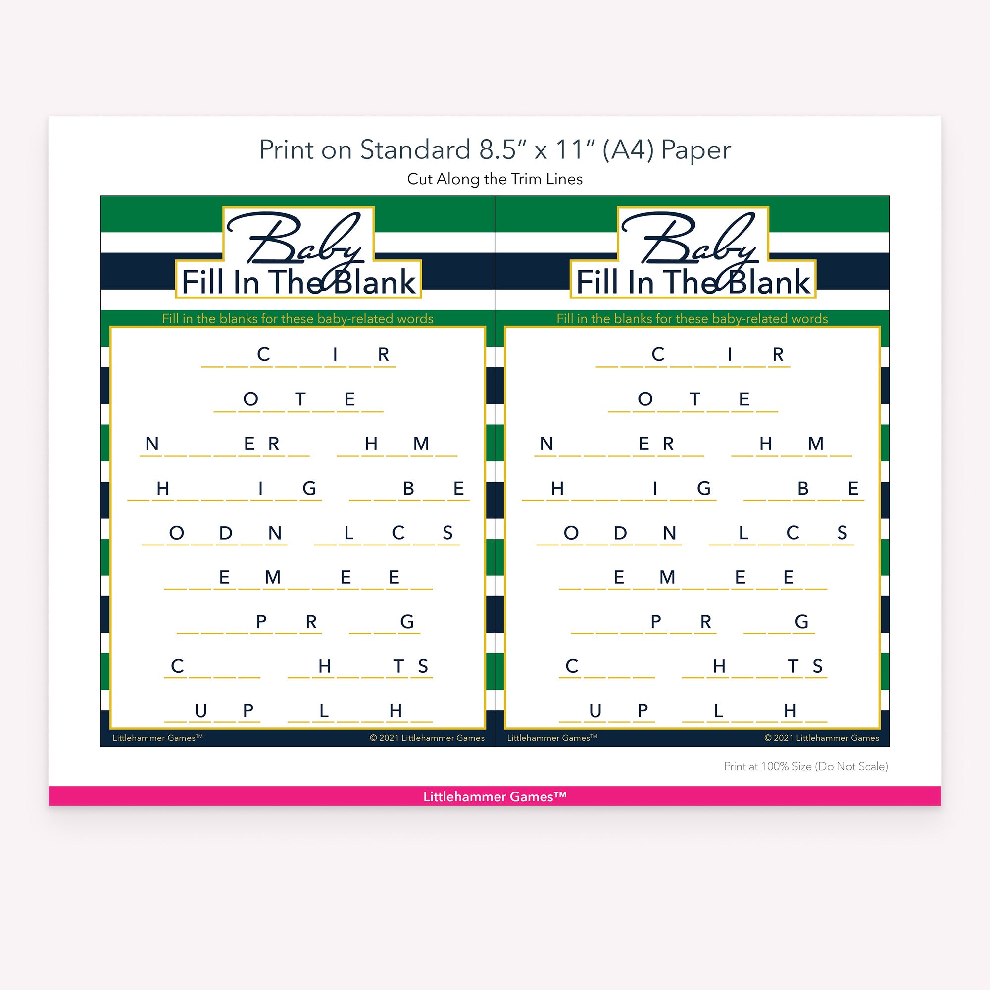 Printable green and navy stripe Baby Fill in the Blank game card layout showing US Letter size dimensions and printing information