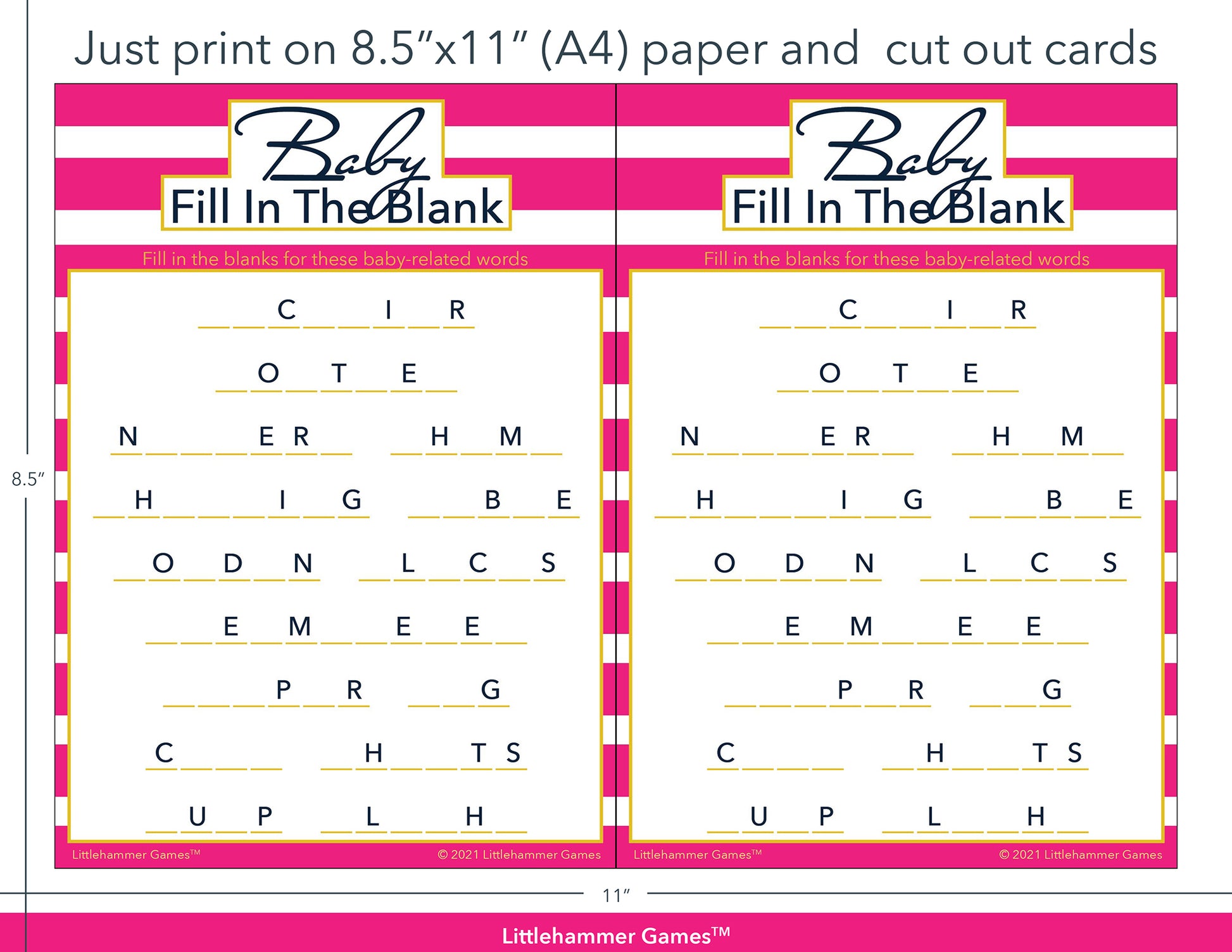 Baby Fill in the Blank hot pink-striped game cards with printing instructions