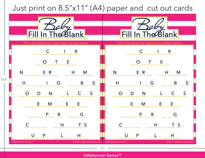 Baby Fill in the Blank hot pink-striped game cards with printing instructions