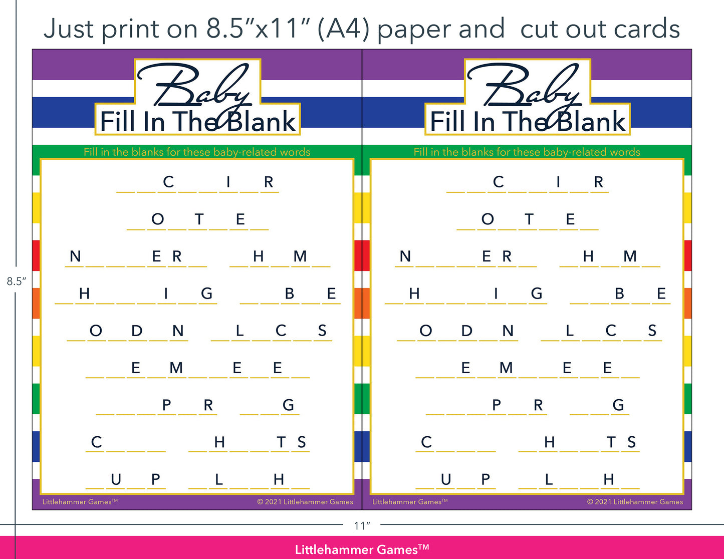 Baby Fill in the Blank rainbow-striped game cards with printing instructions