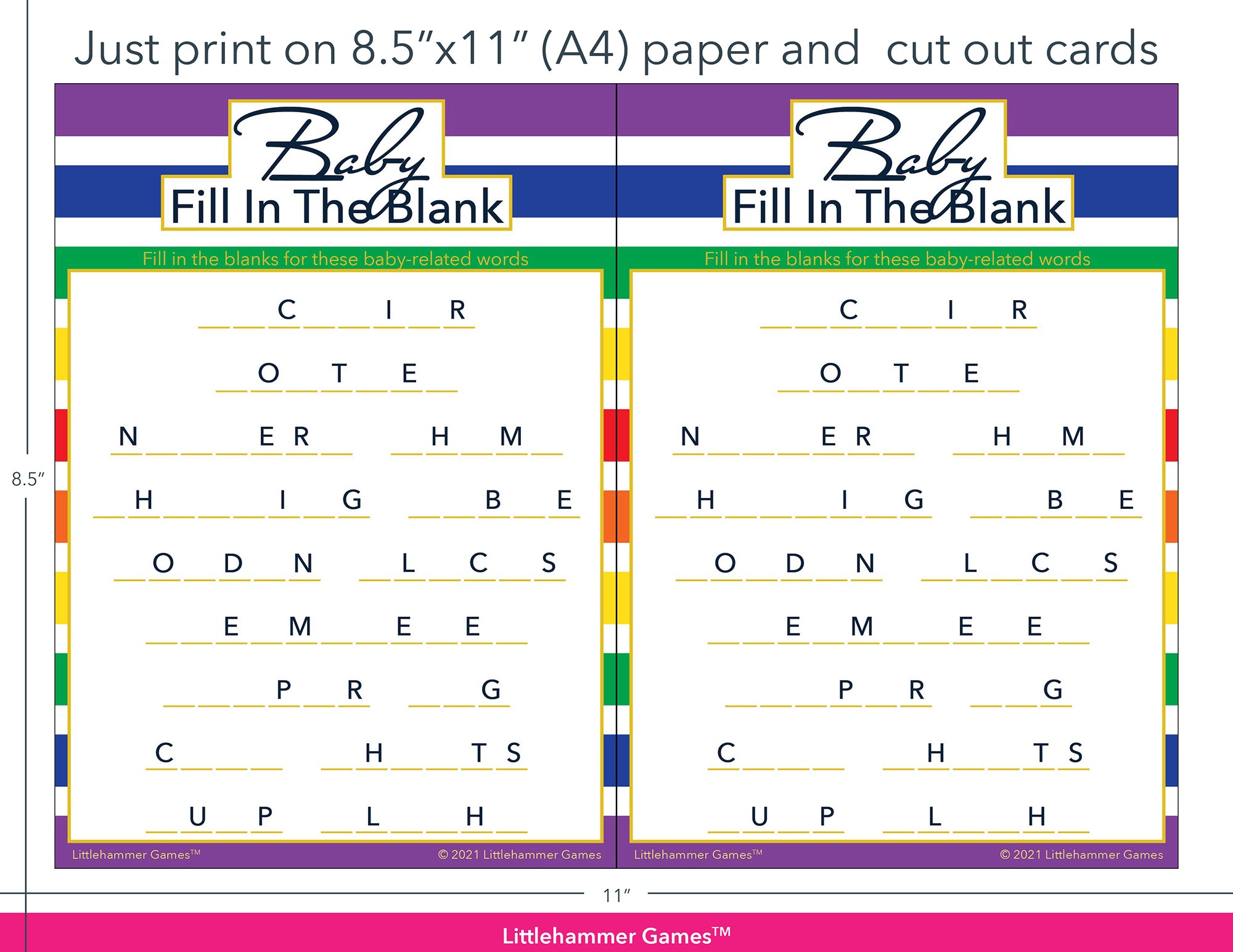 Baby Fill in the Blank rainbow-striped game cards with printing instructions