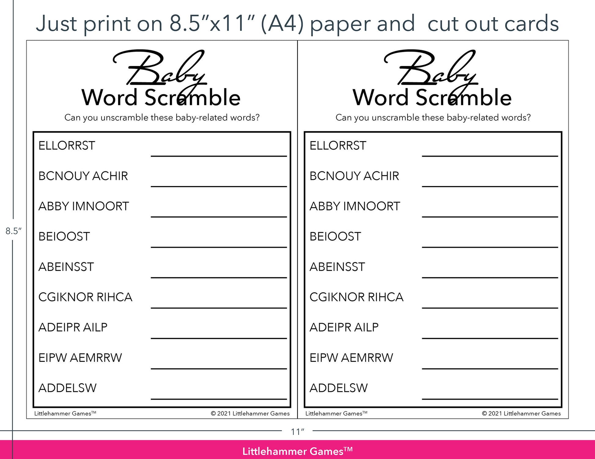 Baby Word Scramble black and white game cards with printing instructions