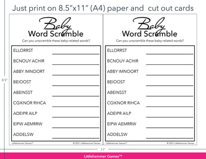 Baby Word Scramble black and white game cards with printing instructions