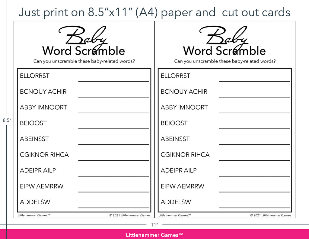 Baby Word Scramble black and white game cards with printing instructions