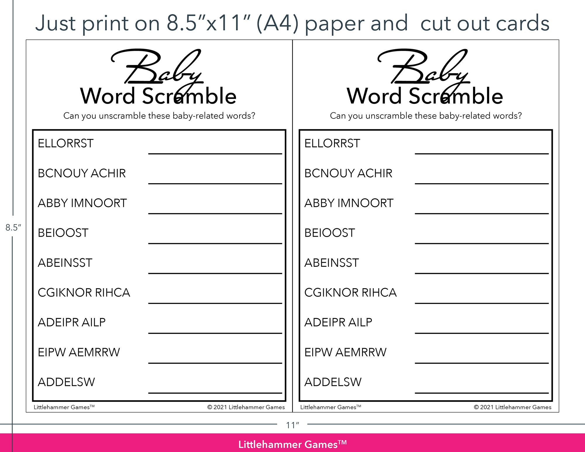 Baby Word Scramble black and white game cards with printing instructions