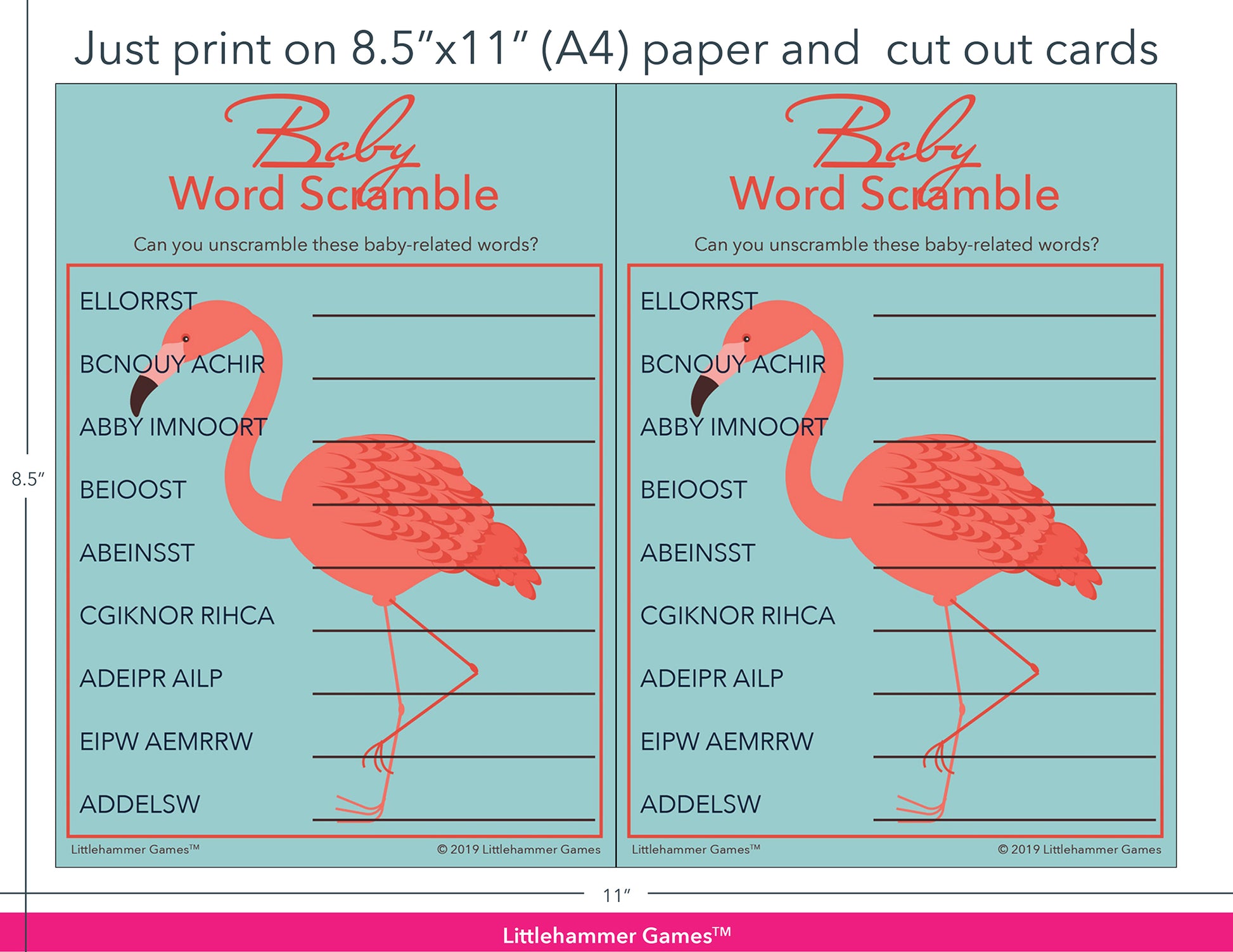 Baby Word Scramble flamingo game cards with printing instructions