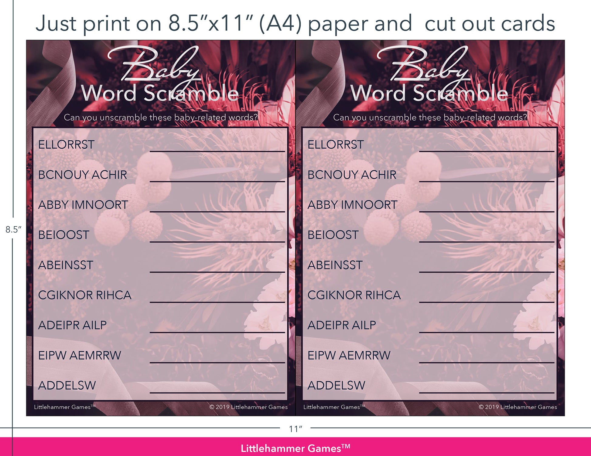Baby Word Scramble dark floral game cards with printing instructions