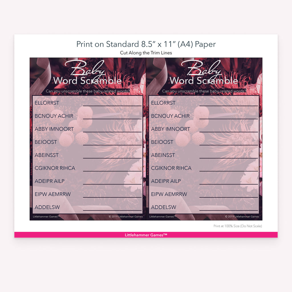 Printable dark floral Baby Word Scramble game card layout showing US Letter size dimensions and printing information