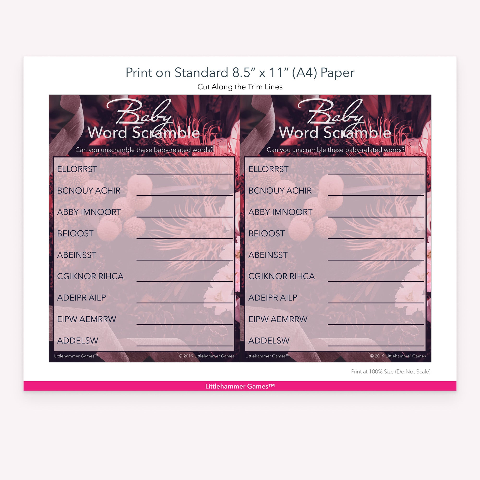 Printable dark floral Baby Word Scramble game card layout showing US Letter size dimensions and printing information