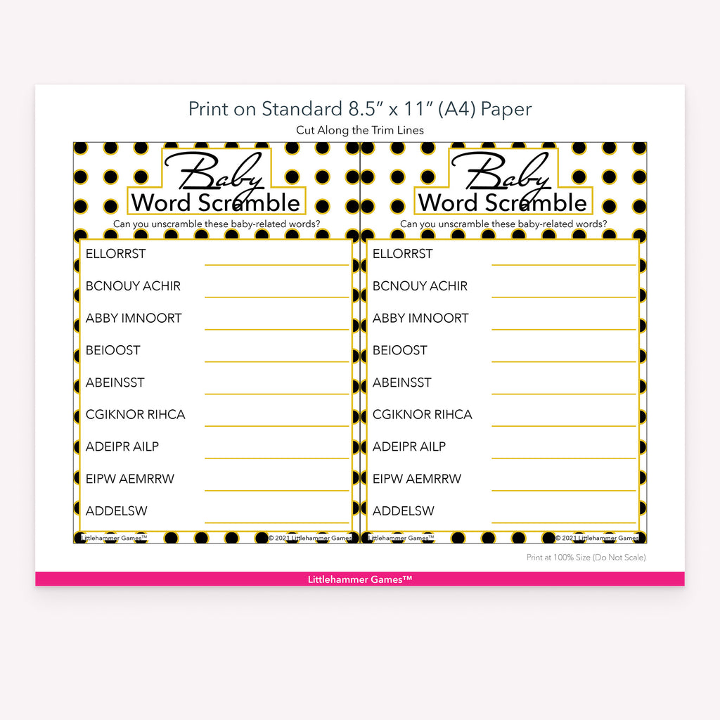 Printable black and gold polka dot Baby Word Scramble game card layout showing US Letter size dimensions and printing information