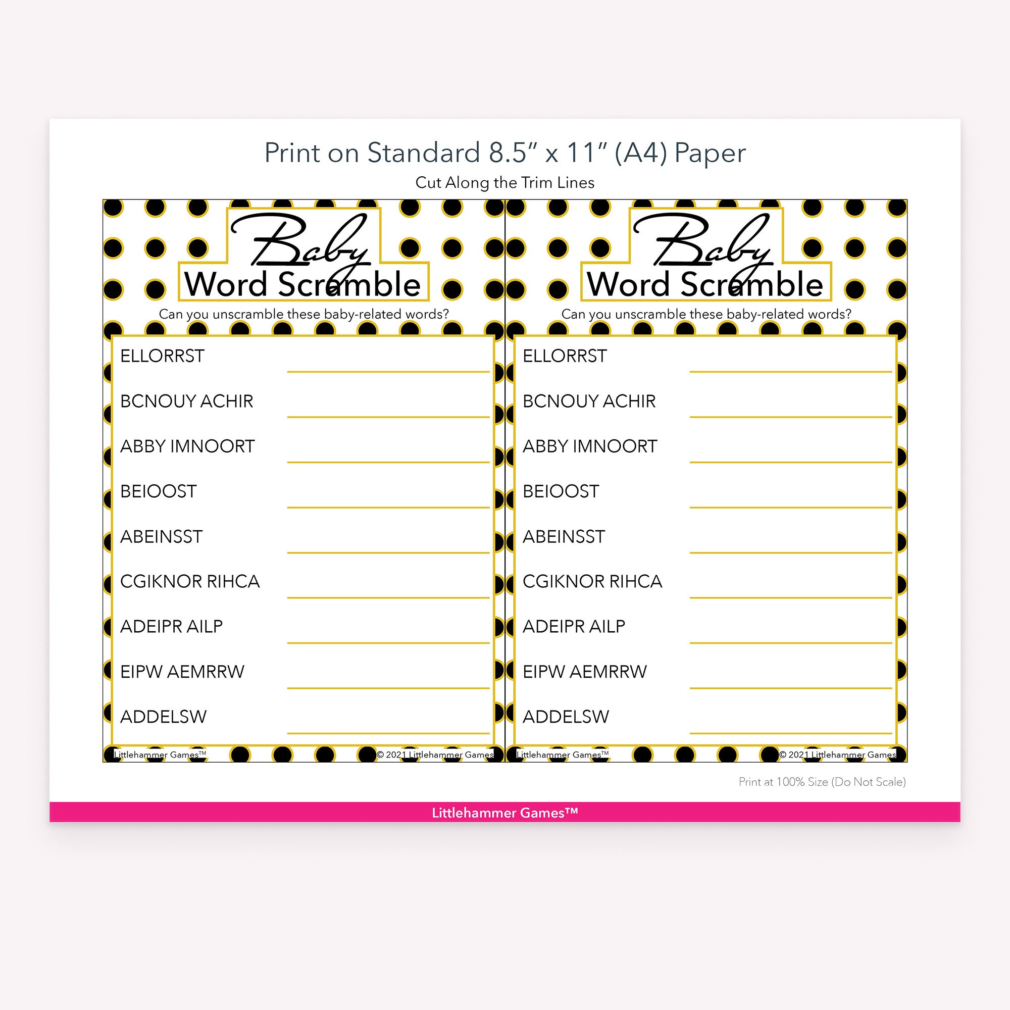 Printable black and gold polka dot Baby Word Scramble game card layout showing US Letter size dimensions and printing information