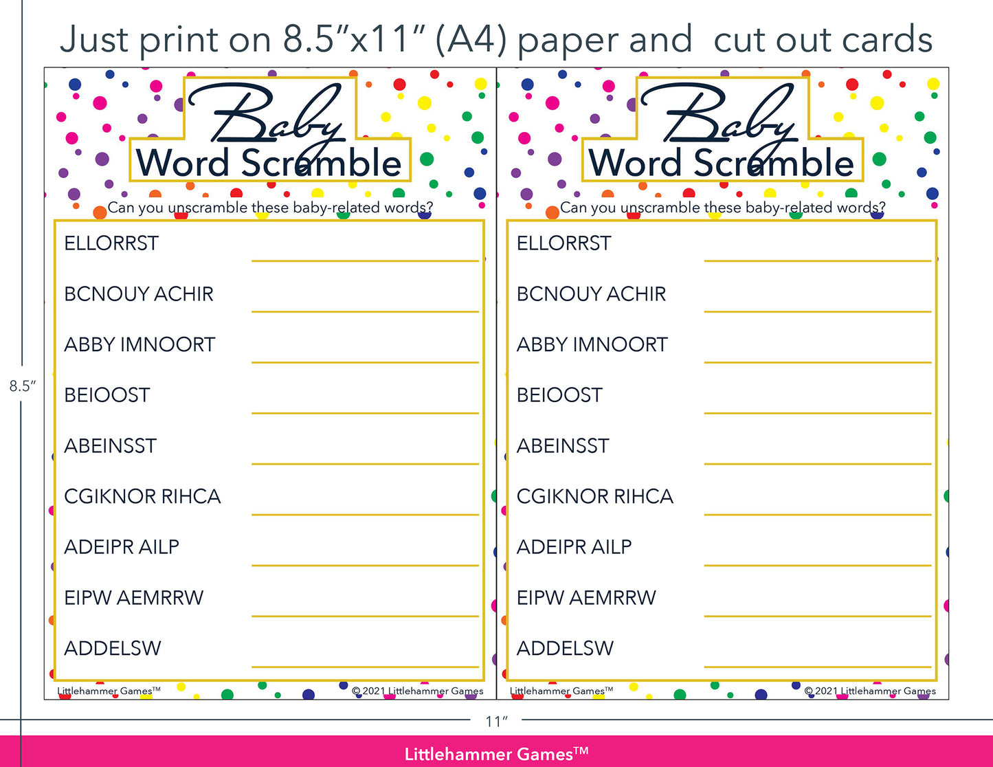 Baby Word Scramble rainbow polka dot game cards with printing instructions