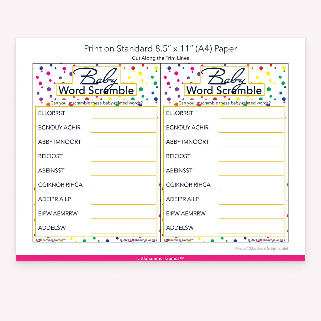 Baby Word Scramble rainbow polka dot game cards with printing instructions