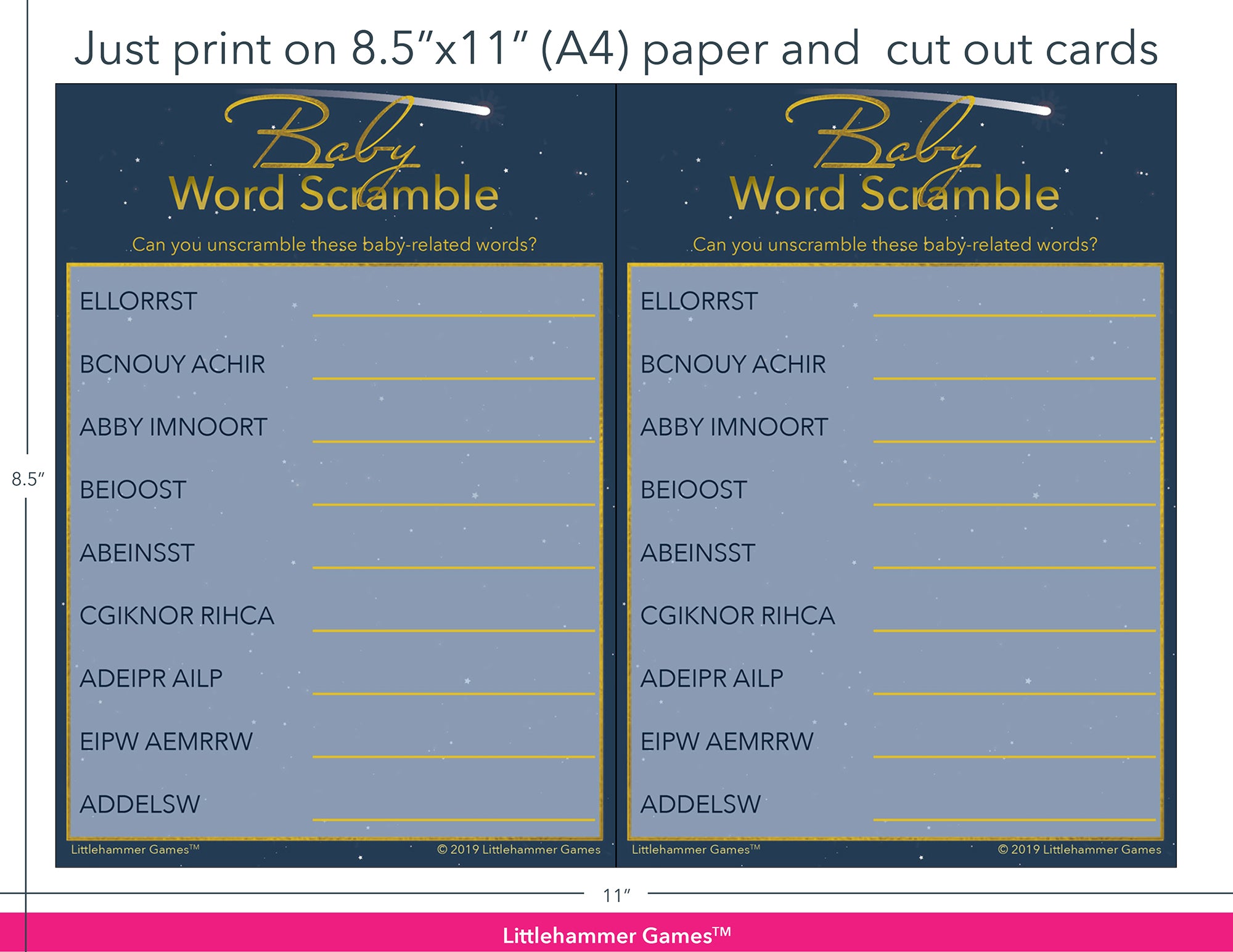 Baby Word Scramble celestial game cards with printing instructions