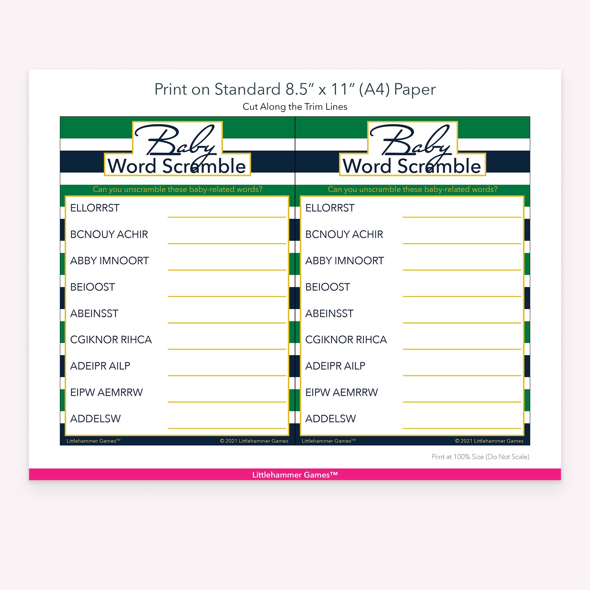 Printable striped green and navy Baby Word Scramble game card layout showing US Letter size dimensions and printing information