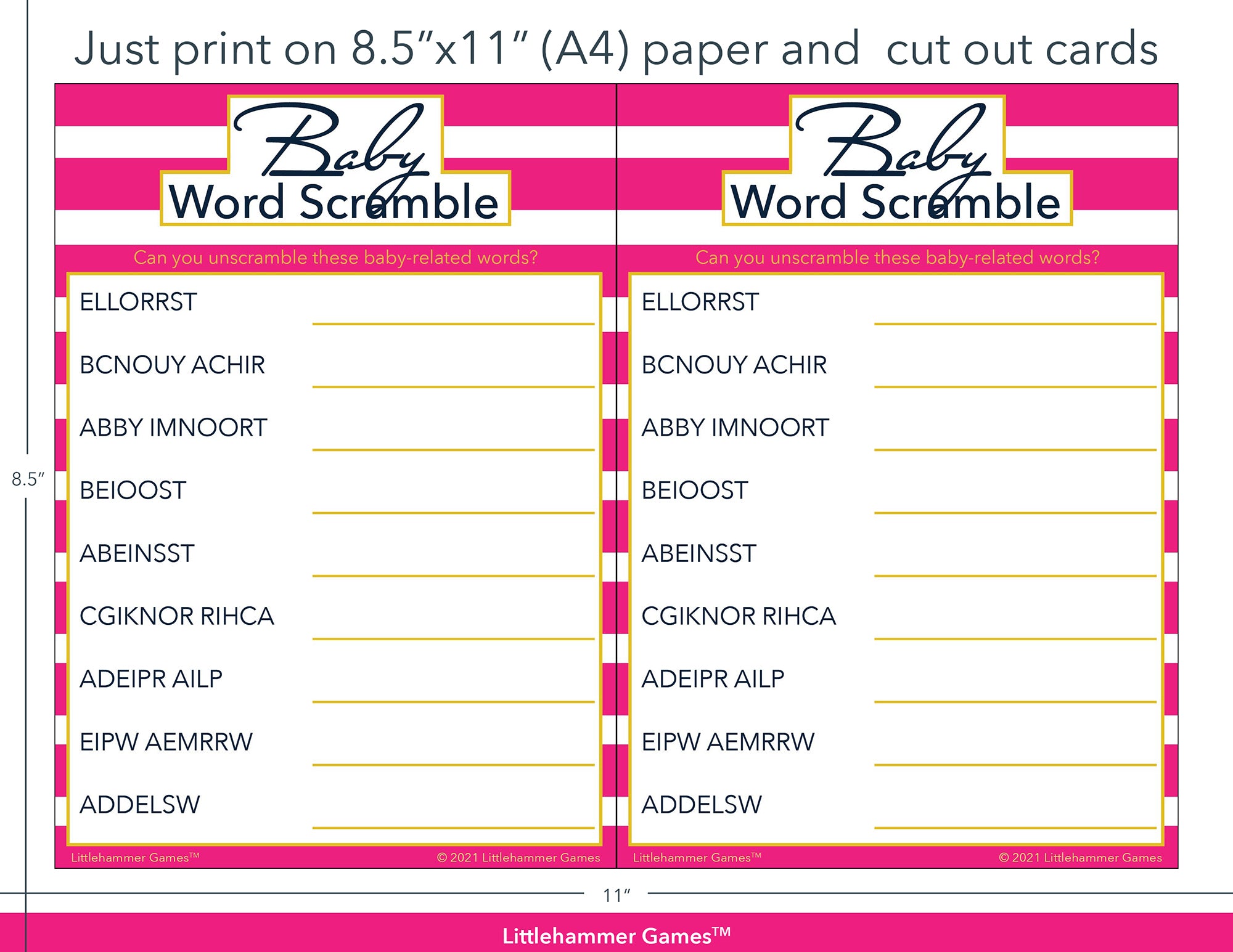 Baby Word Scramble pink-striped game cards with printing instructions