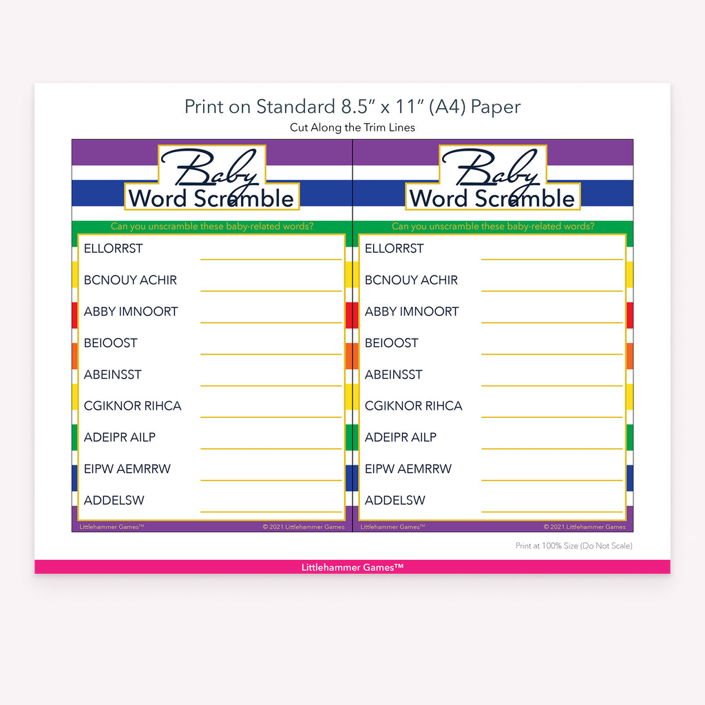 Baby Word Scramble rainbow-striped game cards with printing instructions