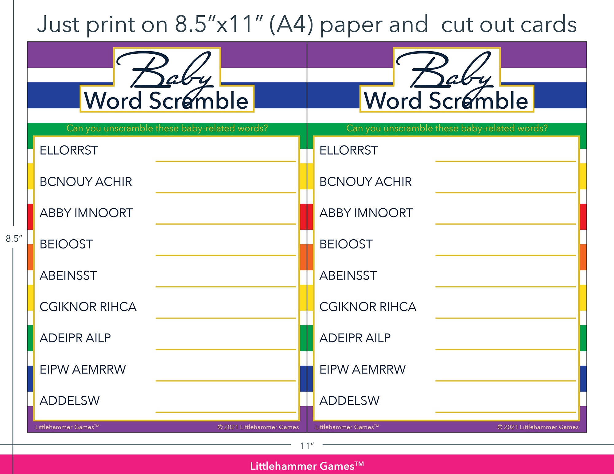Baby Word Scramble rainbow-striped game cards with printing instructions