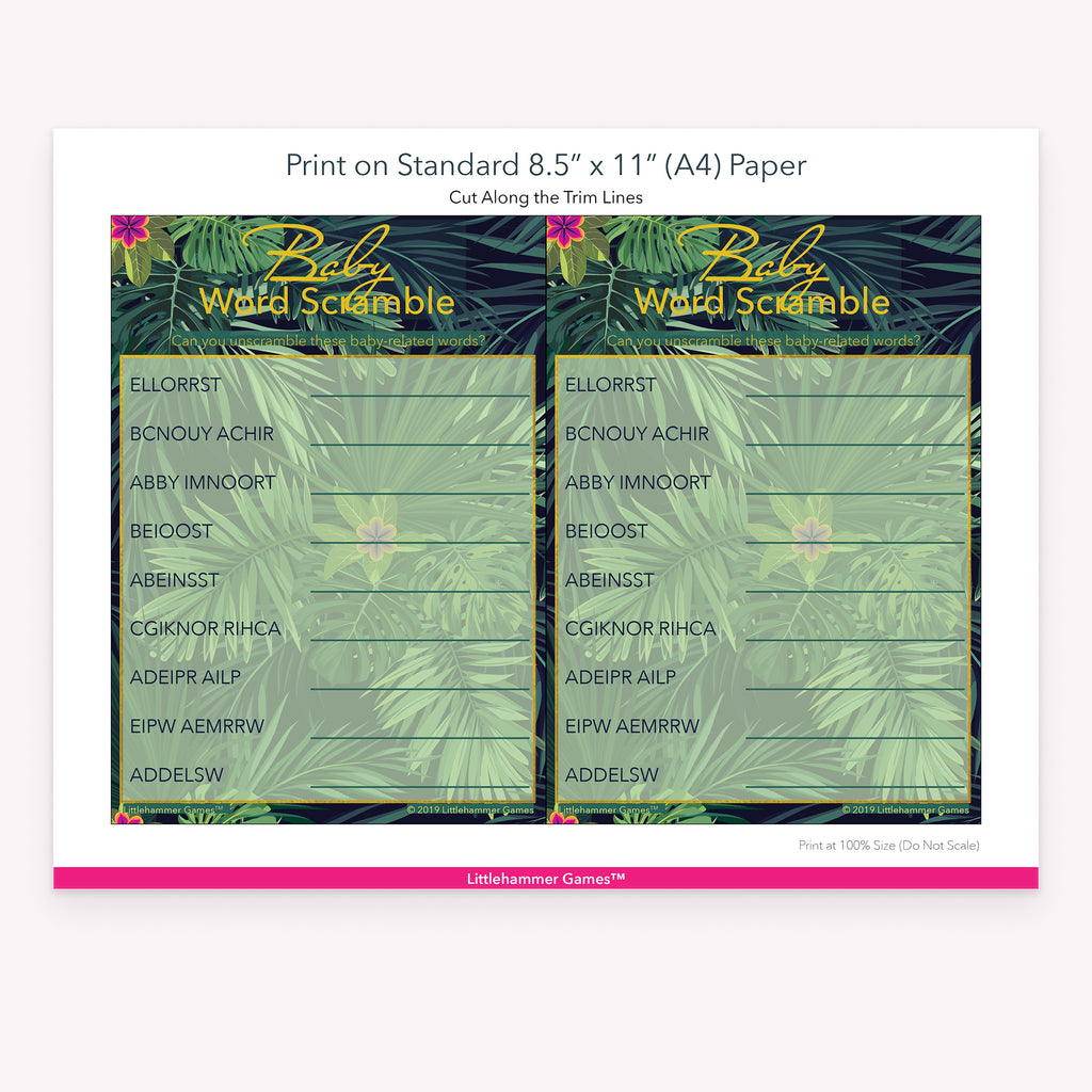 Printable tropical jungle Baby Word Scramble game card layout showing US Letter size dimensions and printing information