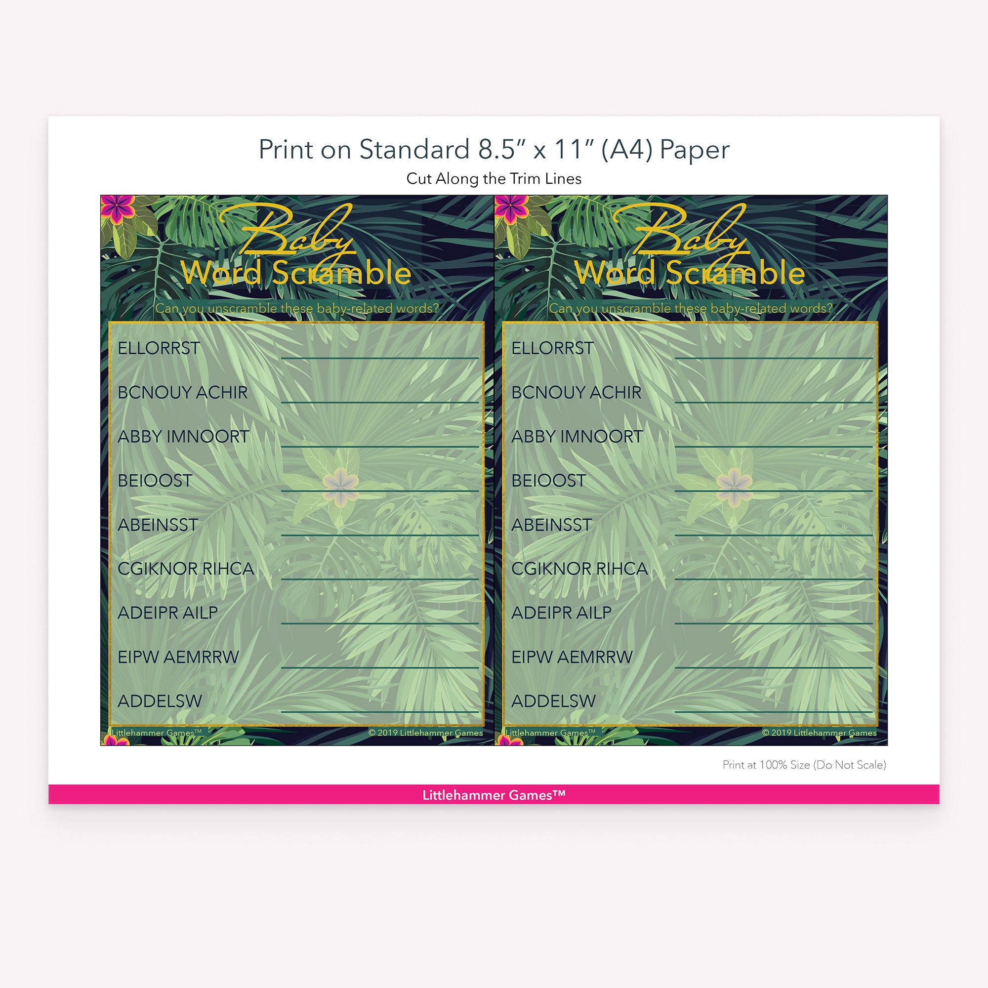 Printable tropical jungle Baby Word Scramble game card layout showing US Letter size dimensions and printing information